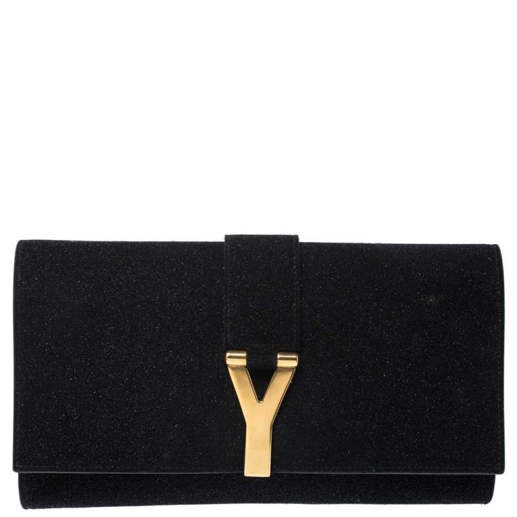 Pre Owned Saint Laurent  Black Suede Glittered Y-Ligne Clutch