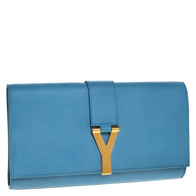 Pre Owned Saint Laurent Light Blue Leather Ligne Y Clutch  