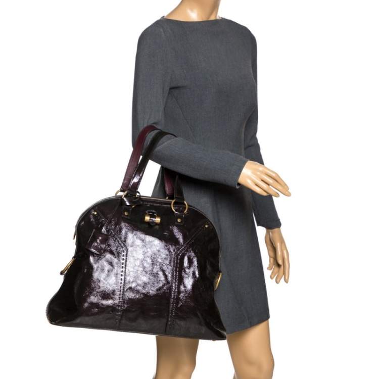 Pre Owned Yves Saint Laurent Plum Patent Leather Oversized Muse Satchel