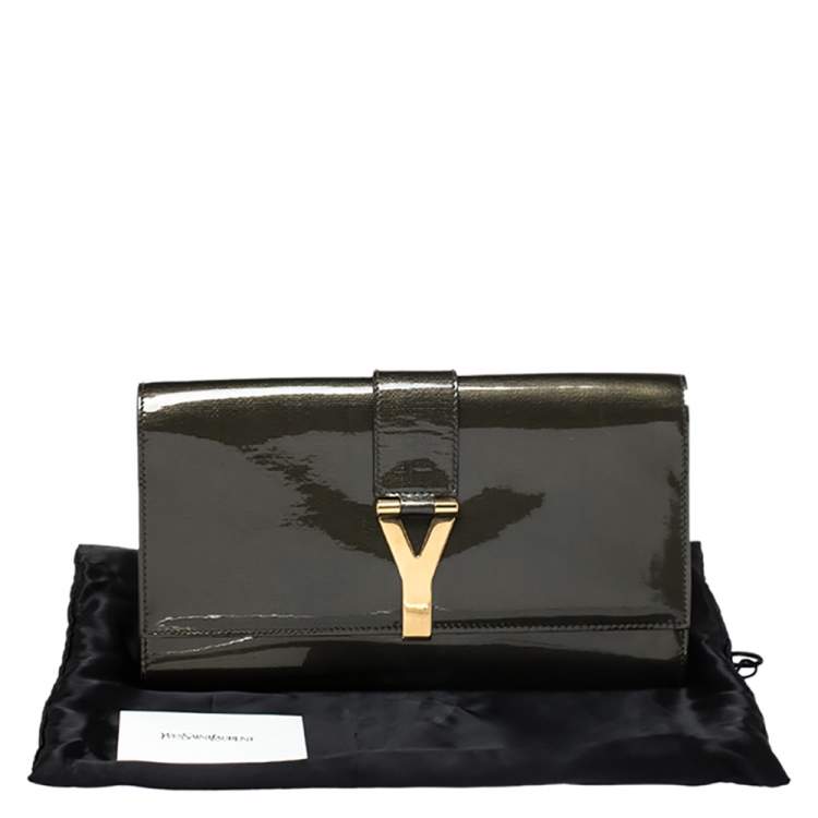Pre Owned Saint Laurent Olive Green Patent Leather Ligne Y Clutch  