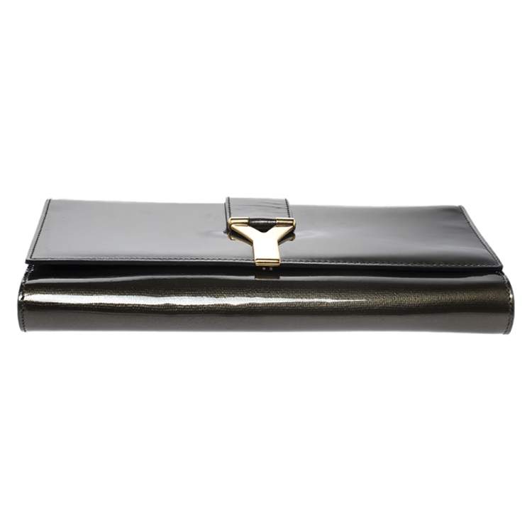 Pre Owned Saint Laurent Olive Green Patent Leather Ligne Y Clutch  