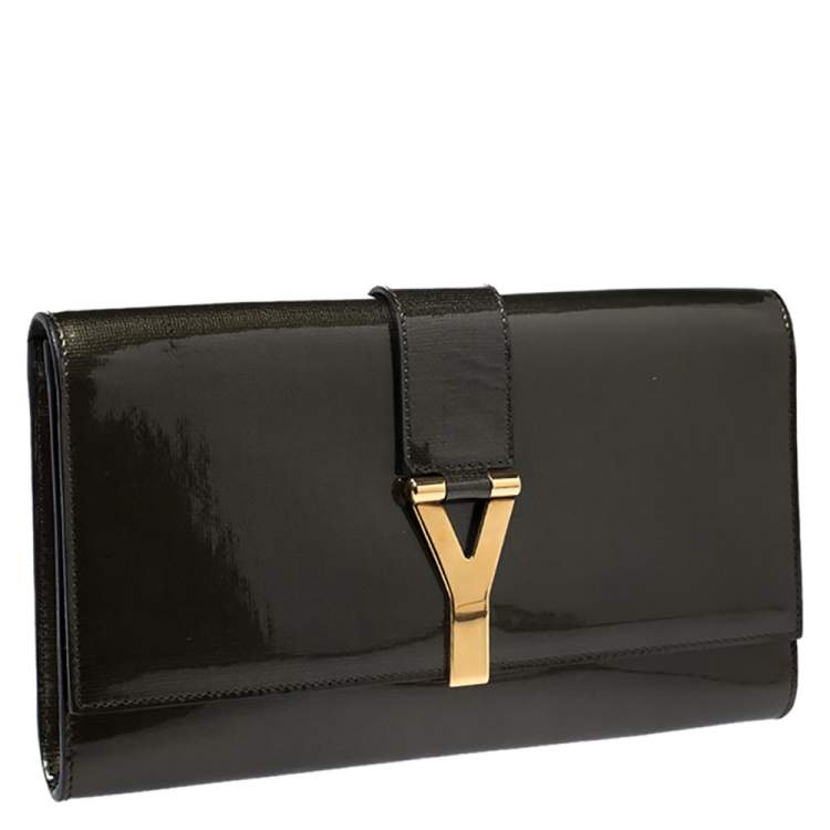 Pre Owned Saint Laurent Olive Green Patent Leather Ligne Y Clutch  