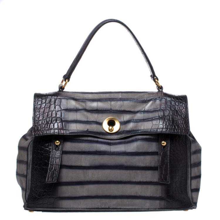 Pre Owned Saint Laurent Black Croc Embossed Nubuck Leather Large Muse Two Bag