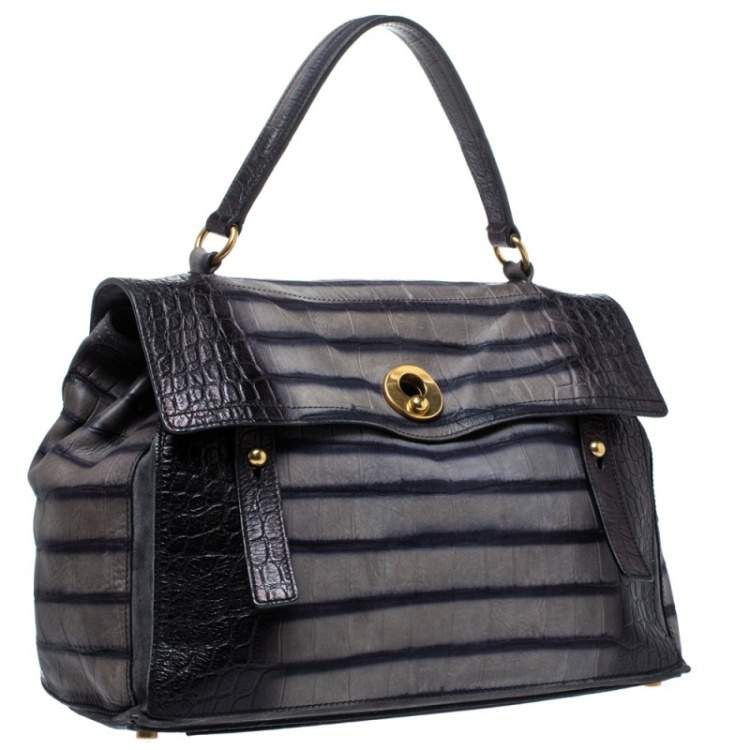 Pre Owned Saint Laurent Black Croc Embossed Nubuck Leather Large Muse Two Bag