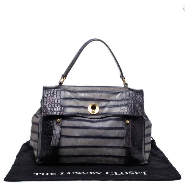 Pre Owned Saint Laurent Black Croc Embossed Nubuck Leather Large Muse Two Bag
