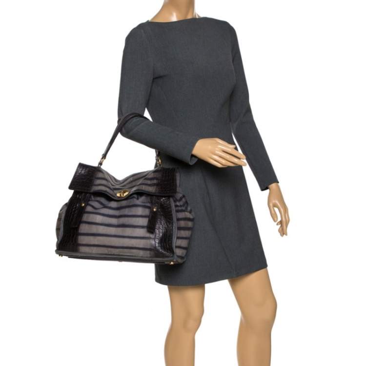 Pre Owned Saint Laurent Black Croc Embossed Nubuck Leather Large Muse Two Bag