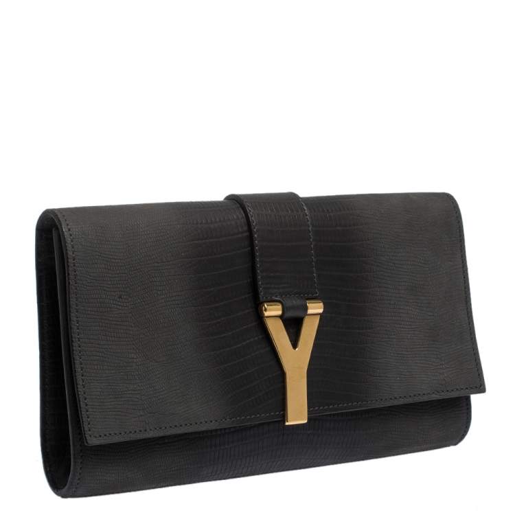Pre Owned Yves Saint Laurent Grey Ombre Lizard Embossed Leather Y-Ligne Clutch