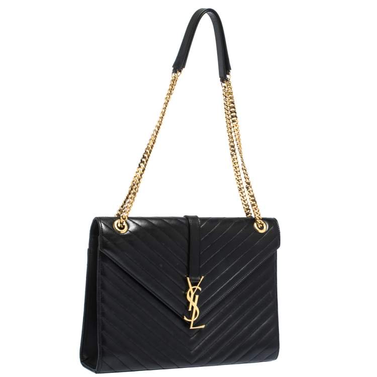 Pre Owned Saint Laurent Black Chevron Quilted Leather Monogram Envelope Shoulder Bag