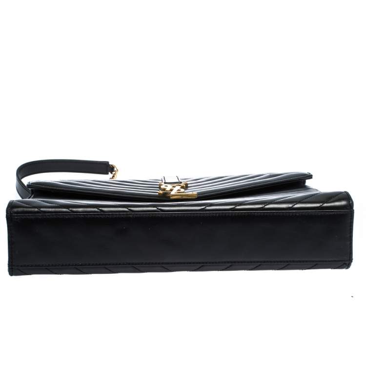 Pre Owned Saint Laurent Black Chevron Quilted Leather Monogram Envelope Shoulder Bag