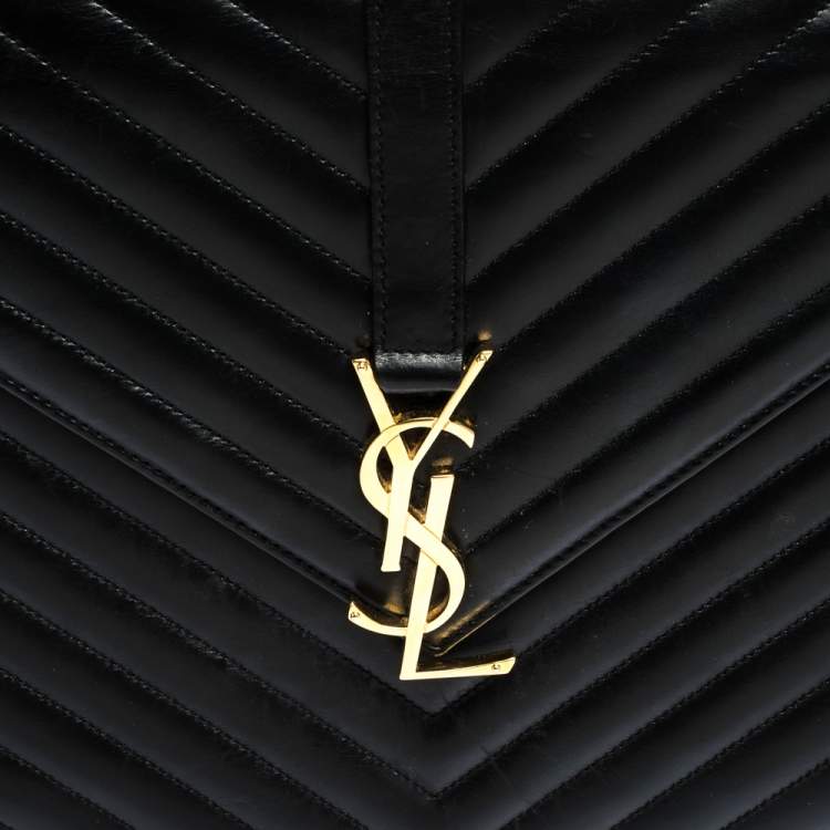 Pre Owned Saint Laurent Black Chevron Quilted Leather Monogram Envelope Shoulder Bag