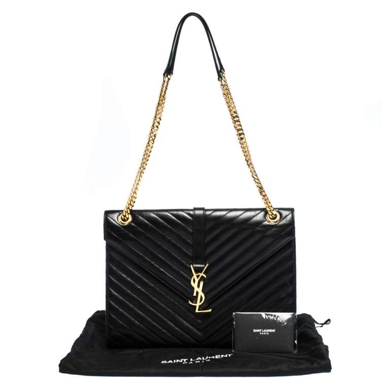 Pre Owned Saint Laurent Black Chevron Quilted Leather Monogram Envelope Shoulder Bag