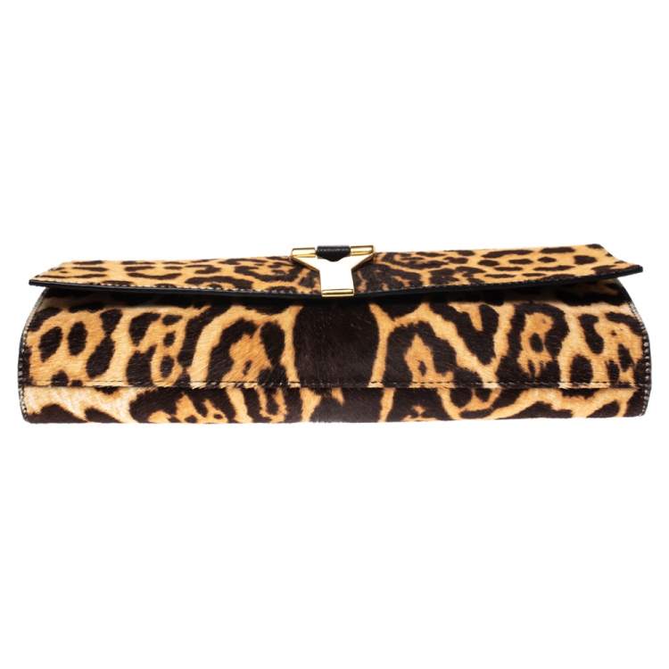 Pre Owned Saint Laurent Brown/Black Leopard Print Calf Hair and Leather Chyc Clutch
