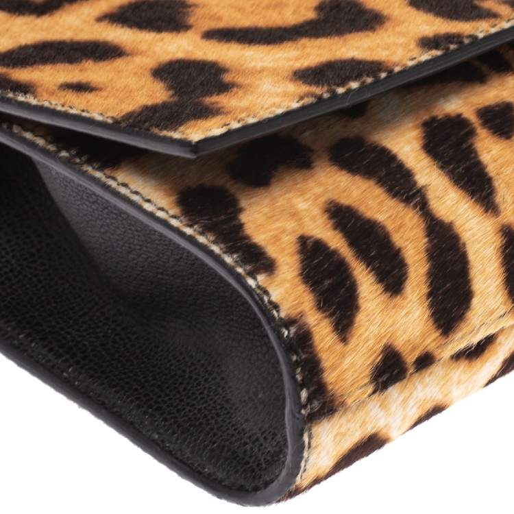 Pre Owned Saint Laurent Brown/Black Leopard Print Calf Hair and Leather Chyc Clutch