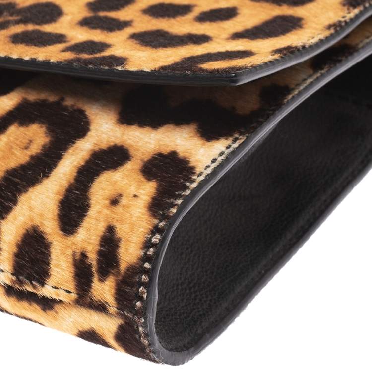 Pre Owned Saint Laurent Brown/Black Leopard Print Calf Hair and Leather Chyc Clutch