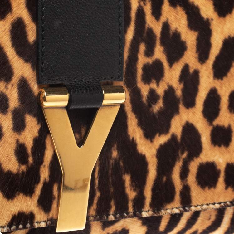 Pre Owned Saint Laurent Brown/Black Leopard Print Calf Hair and Leather Chyc Clutch
