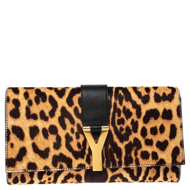 Saint Laurent Brown Black Leopard Print Calf Hair and Leather Chyc Clutch Saint Laurent Paris TLC