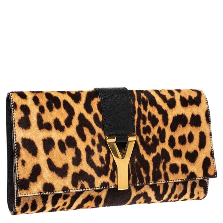 Pre Owned Saint Laurent Brown/Black Leopard Print Calf Hair and Leather Chyc Clutch