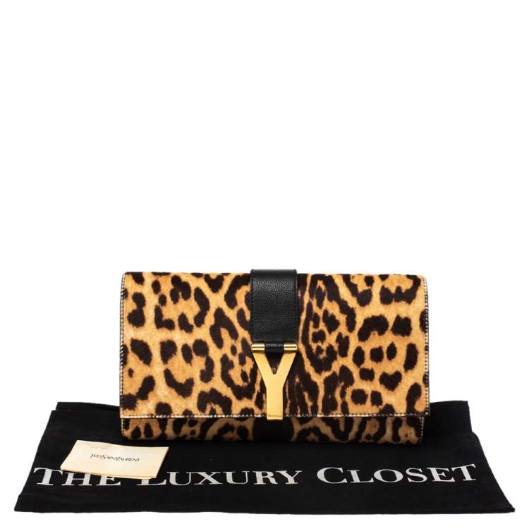 Pre Owned Saint Laurent Brown/Black Leopard Print Calf Hair and Leather Chyc Clutch