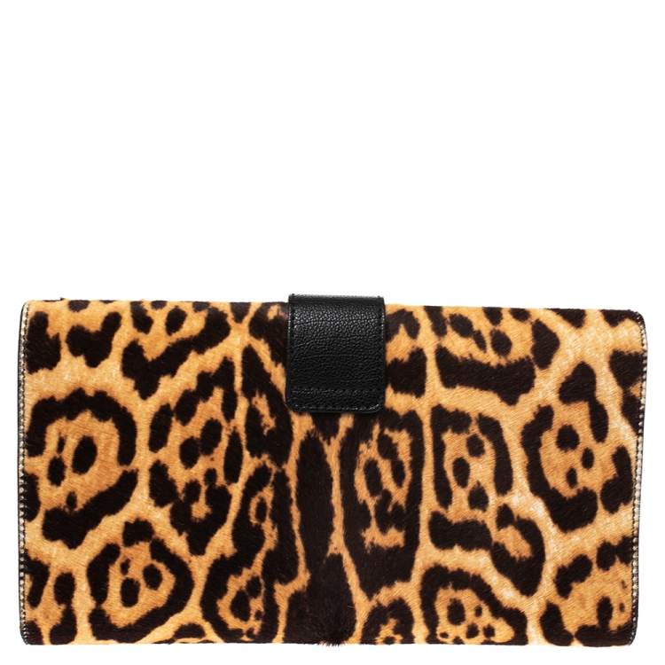Pre Owned Saint Laurent Brown/Black Leopard Print Calf Hair and Leather Chyc Clutch