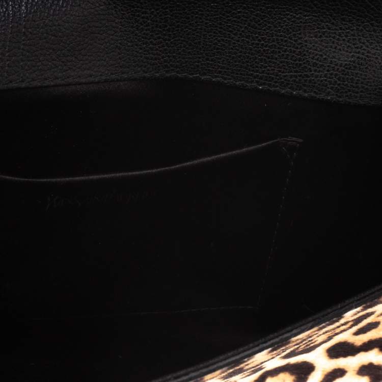 Pre Owned Saint Laurent Brown/Black Leopard Print Calf Hair and Leather Chyc Clutch