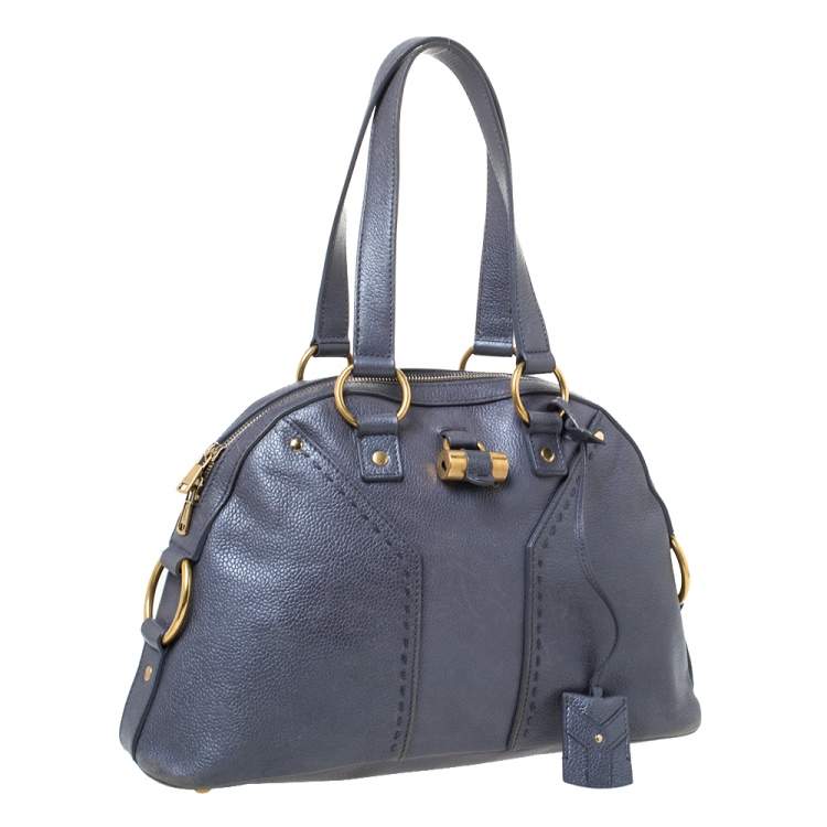 Pre Owned Saint Laurent Metallic Grey Leather Muse Satchel