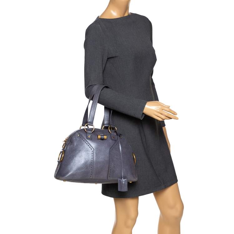 Pre Owned Saint Laurent Metallic Grey Leather Muse Satchel