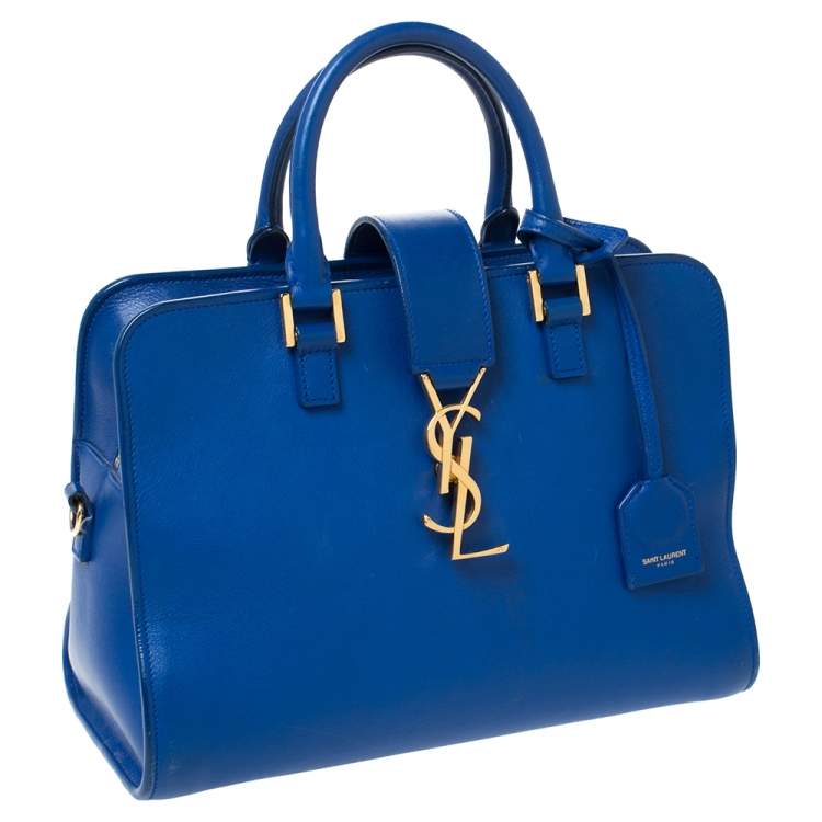 Pre Owned Saint Laurent Blue Leather Baby Monogram Cabas Tote
