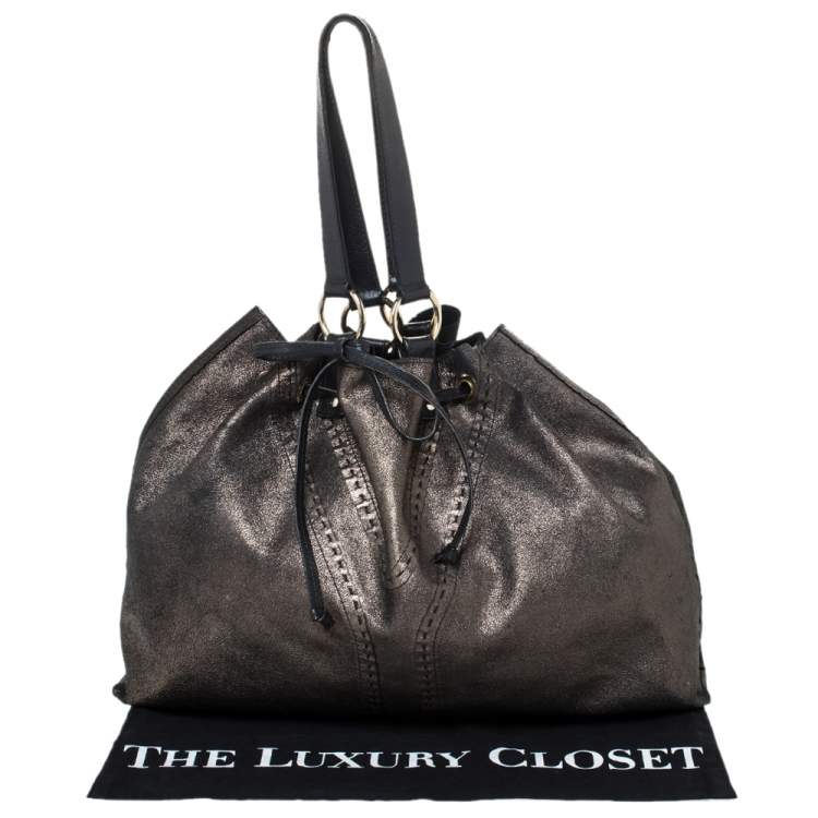 Pre Owned Yves Saint Laurent Black/Metallic Leather Reversible Double Sac Y Tote