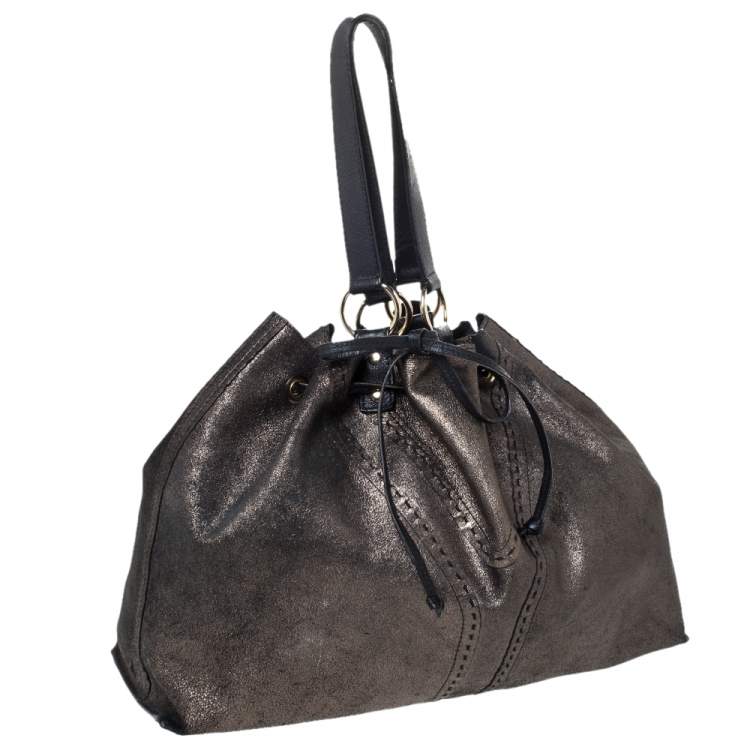Pre Owned Yves Saint Laurent Black/Metallic Leather Reversible Double Sac Y Tote