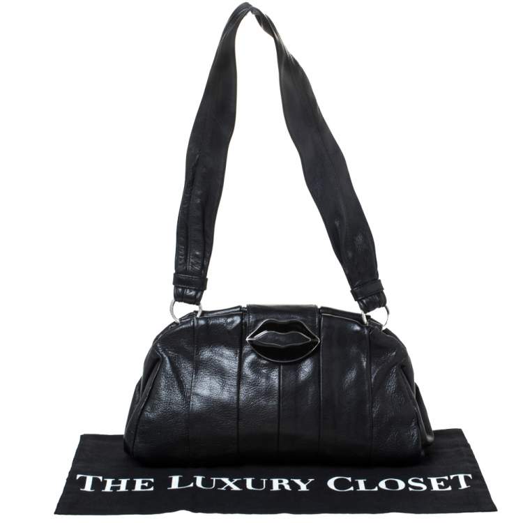 Pre Owned Yves Saint Laurent Black Pleated Leather Lips Flap Shoulder Bag