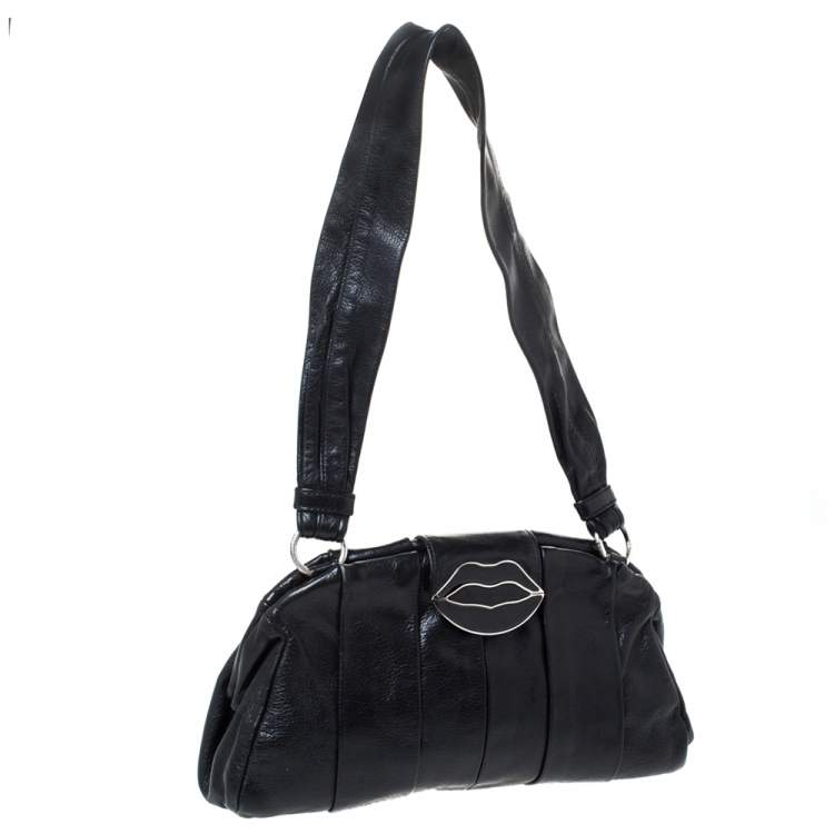 Pre Owned Yves Saint Laurent Black Pleated Leather Lips Flap Shoulder Bag