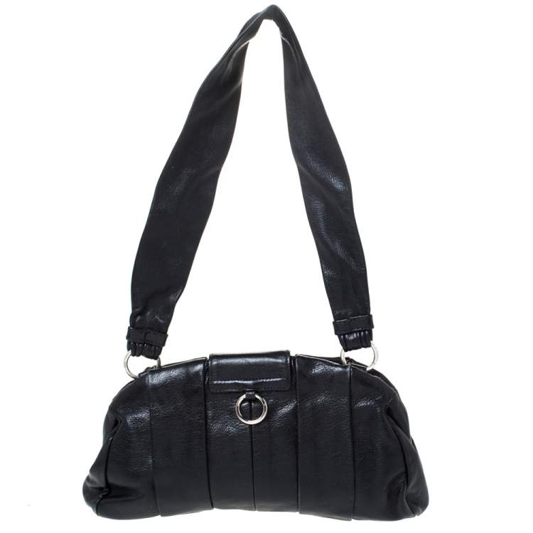 Pre Owned Yves Saint Laurent Black Pleated Leather Lips Flap Shoulder Bag
