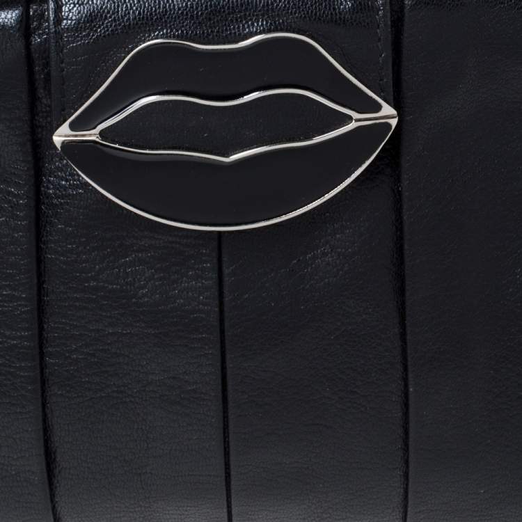 Pre Owned Yves Saint Laurent Black Pleated Leather Lips Flap Shoulder Bag
