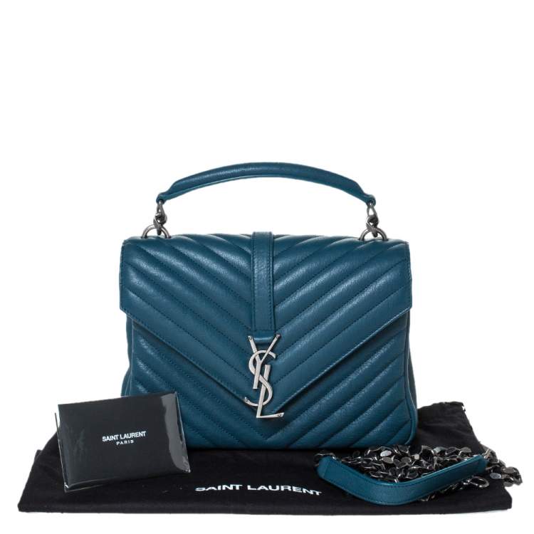Pre Owned Saint Laurent Teal Chevron Quilted Soft Leather Monogram Envelope Flap Shoulder Bag