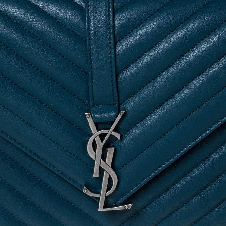 Pre Owned Saint Laurent Teal Chevron Quilted Soft Leather Monogram Envelope Flap Shoulder Bag