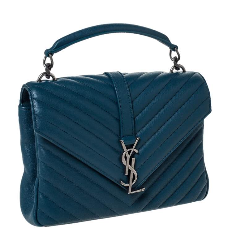 Pre Owned Saint Laurent Teal Chevron Quilted Soft Leather Monogram Envelope Flap Shoulder Bag