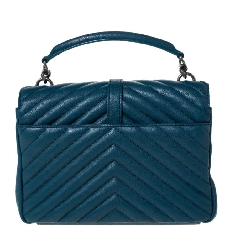 Pre Owned Saint Laurent Teal Chevron Quilted Soft Leather Monogram Envelope Flap Shoulder Bag