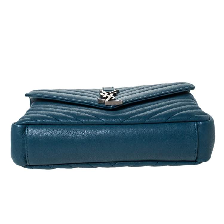 Pre Owned Saint Laurent Teal Chevron Quilted Soft Leather Monogram Envelope Flap Shoulder Bag