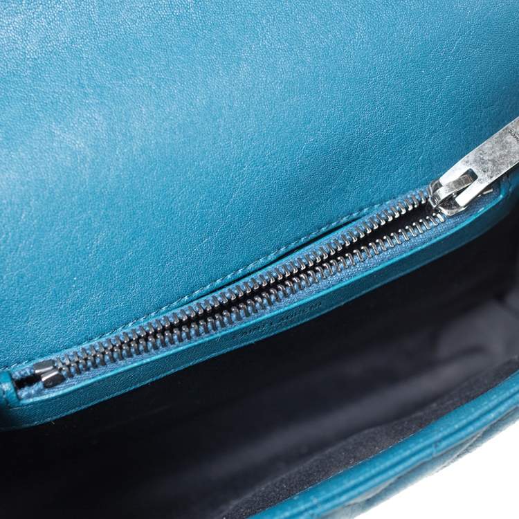 Pre Owned Saint Laurent Teal Chevron Quilted Soft Leather Monogram Envelope Flap Shoulder Bag