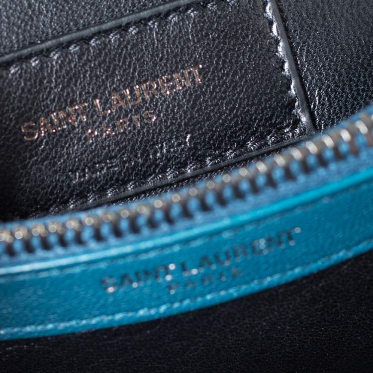 Pre Owned Saint Laurent Teal Chevron Quilted Soft Leather Monogram Envelope Flap Shoulder Bag