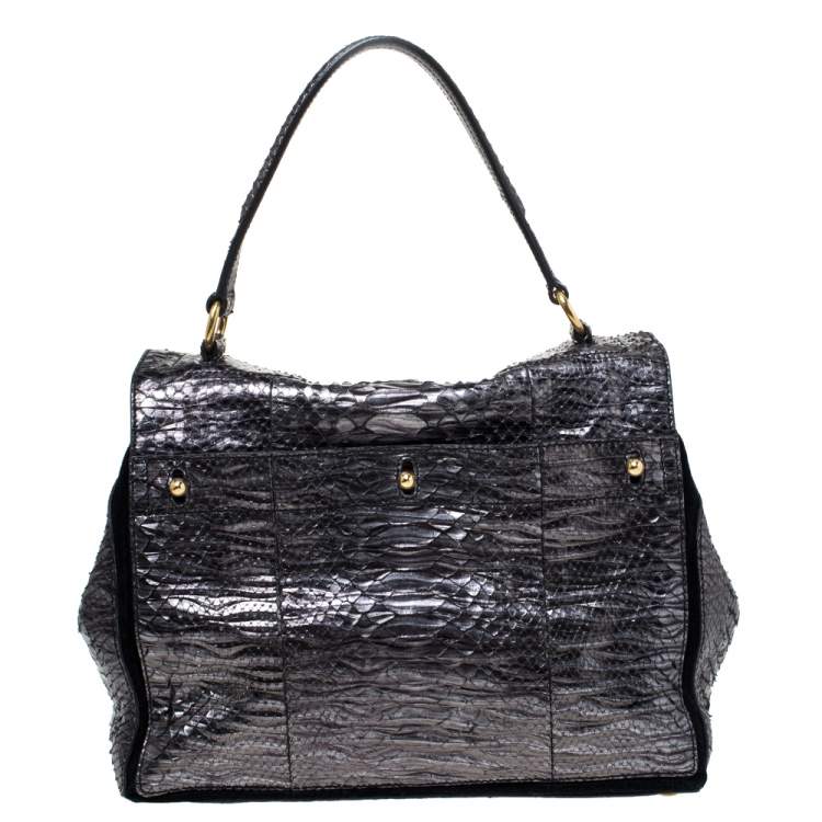 Pre Owned Yves Saint Laurent Metallic Python and Suede Medium Muse Two Satchel