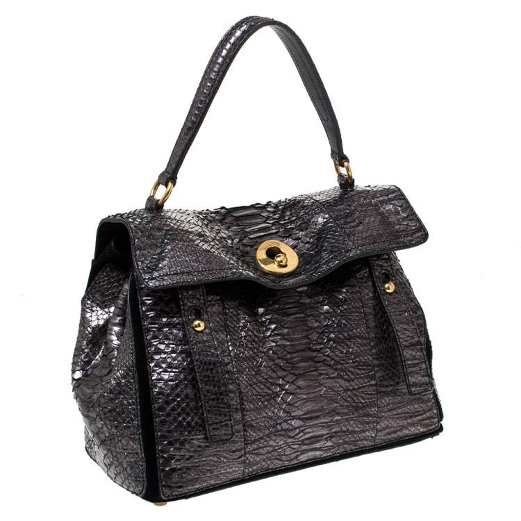 Pre Owned Yves Saint Laurent Metallic Python and Suede Medium Muse Two Satchel