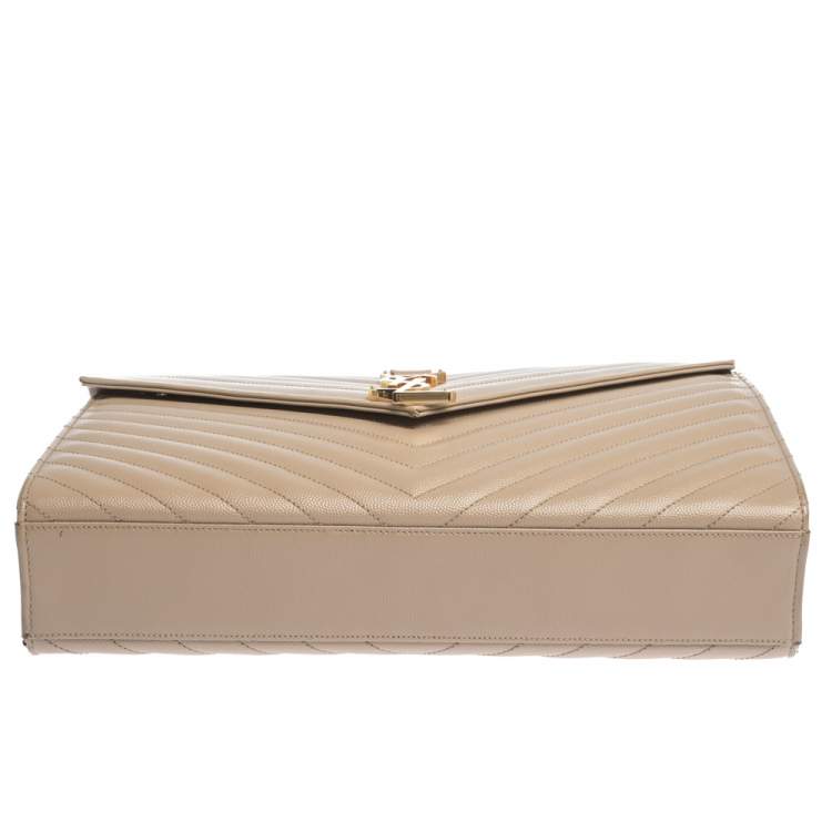 Pre Owned Saint Laurent Beige Chevron Quilted Leather Monogram Envelope Shoulder Bag