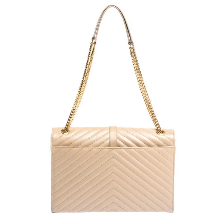 Pre Owned Saint Laurent Beige Chevron Quilted Leather Monogram Envelope Shoulder Bag