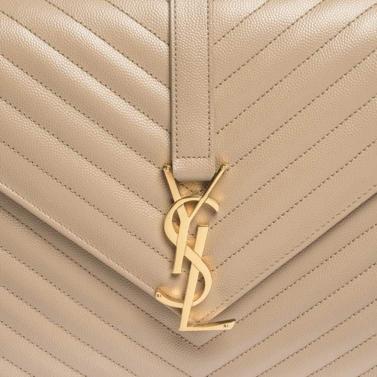 Pre Owned Saint Laurent Beige Chevron Quilted Leather Monogram Envelope Shoulder Bag