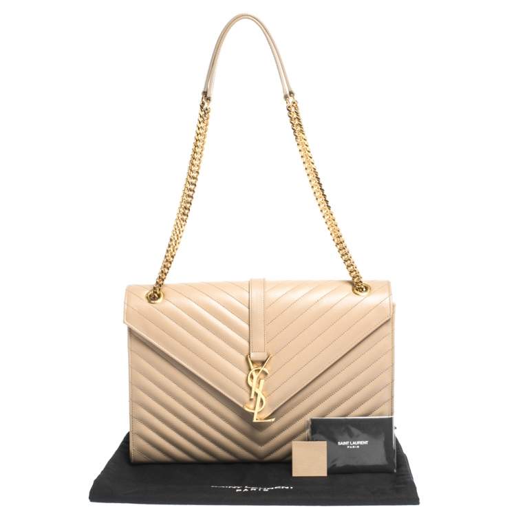 Pre Owned Saint Laurent Beige Chevron Quilted Leather Monogram Envelope Shoulder Bag