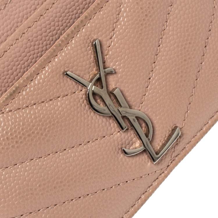 Pre Owned Saint Laurent Light Pink Matelassé Grained Leather Monogram Card Holder
