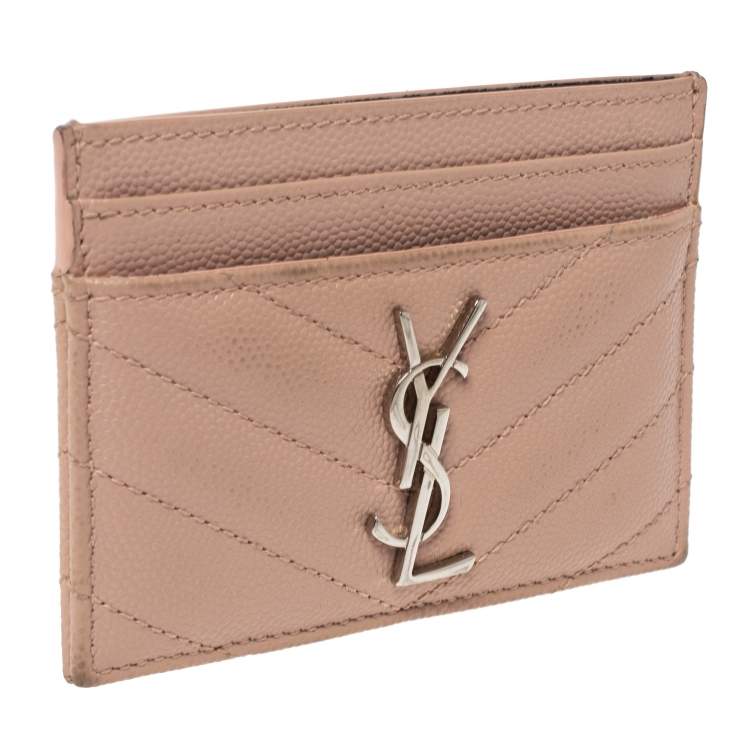 Pre Owned Saint Laurent Light Pink Matelassé Grained Leather Monogram Card Holder