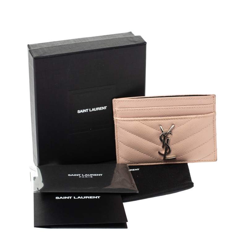 Pre Owned Saint Laurent Light Pink Matelassé Grained Leather Monogram Card Holder