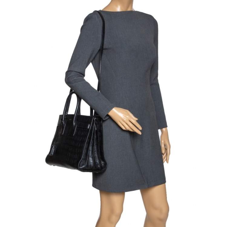 Pre Owned Saint Laurent Black Croc Embossed Leather Small Classic Sac De Jour Tote